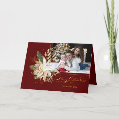 White Poinsettia Gold Greenery Calligraphy Photo Holiday Card