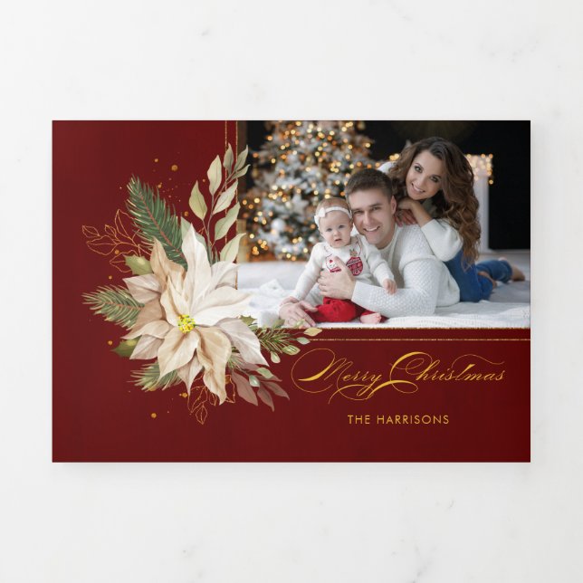 White Poinsettia, Gold Greenery Calligraphy Photo Tri-Fold Holiday Card (Cover)