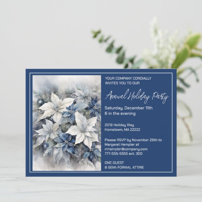 White Poinsettia Holiday Party Invitation (Standing Front)