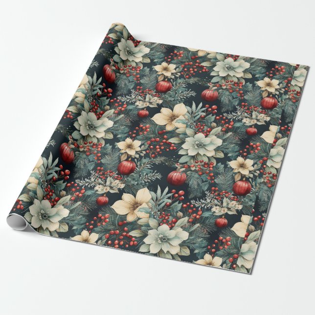 White Poinsettia Holiday  Wrapping Paper (Unrolled)