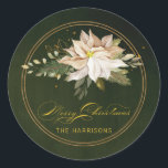 White Poinsettia & Merry Christmas Calligraphy Classic Round Sticker<br><div class="desc">Elegant artistic white poinsettia,  green leaves,  winter pine,  gold greenery and sparkles with "Merry Christmas" custom calligraphy on green background. Includes editable text field.</div>