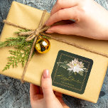 White Poinsettia & Merry Christmas Calligraphy Square Sticker<br><div class="desc">Elegant artistic white poinsettia,  green leaves,  winter pine,  gold greenery and sparkles with "Merry Christmas" custom calligraphy on green background. Includes editable text field.</div>