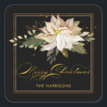 White Poinsettia & Merry Christmas Calligraphy  Square Sticker<br><div class="desc">Elegant artistic white poinsettia,  green leaves,  winter pine,  gold greenery and sparkles with "Merry Christmas" custom calligraphy on black background. Includes editable text field.</div>