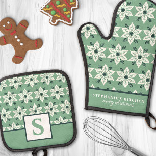 White Poinsettia on Green Floral Monogrammed Oven Mitt & Pot Holder Set