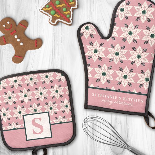 White Poinsettia On Pink Floral Monogrammed Oven Mitt &Amp;Amp; Pot Holder Set