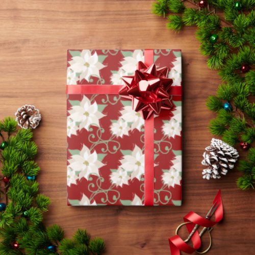 White Poinsettia Pattern Swirls Red Christmas Wrapping Paper