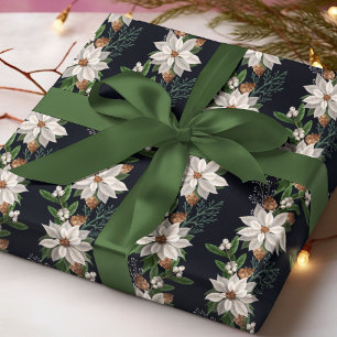 White Poinsettia Pinecone Winter Christmas Floral Wrapping Paper