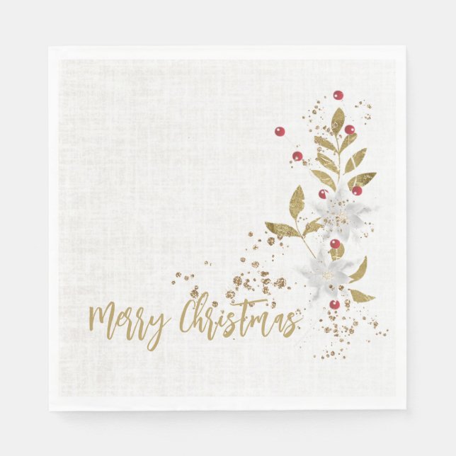 White Poinsettia Red Berries Glitter Faux Linen Napkins (Front)