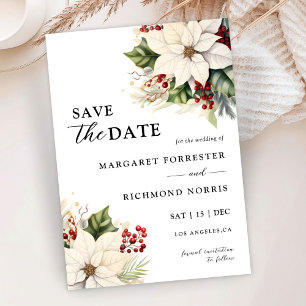 White Poinsettia Red Berries Wedding Save The Date Invitation