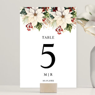 White Poinsettia Red Berries Wedding Table Number