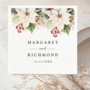 White Poinsettia Red Berries Winter Wedding Paper Napkins
