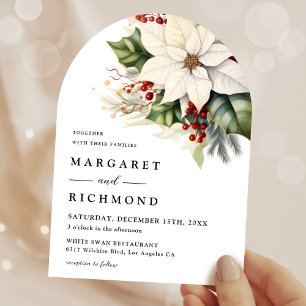 White Poinsettia Red Berry Christmas Arch Wedding Invitation