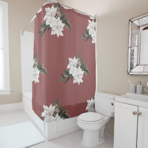 White Poinsettia Winter Florals on Red Shower Curtain