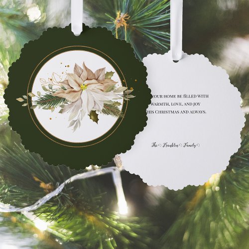 White Poinsettia with Pine  Gold Greenery_Green Ornament Card