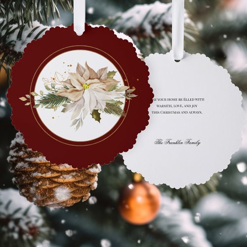 White Poinsettia with Pine  Gold Greenery_Red  Ornament Card