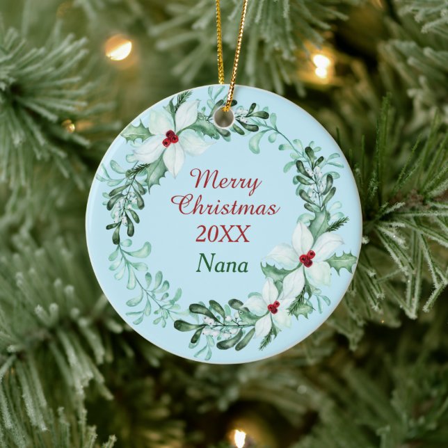 White Poinsettia Wreath Nana Photo Template Ceramic Ornament (Tree)