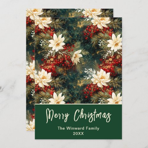 White Poinsettias and Berries Merry Christmas Holiday Card