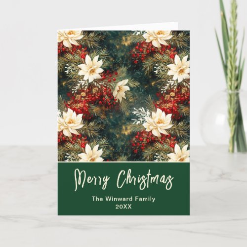 White Poinsettias and Berries Merry Christmas Holiday Card