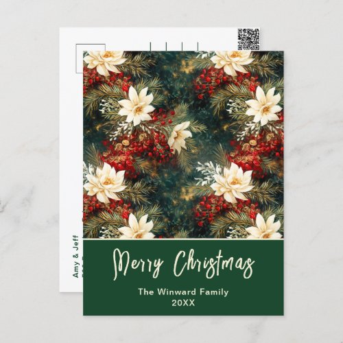 White Poinsettias and Berries Merry Christmas Holiday Postcard