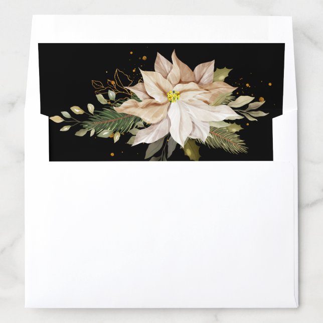 White Poinsettias & Faux Gold Glitter Leaves Envelope Liner (In Envelope)