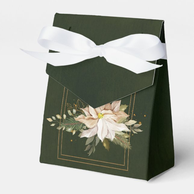 White Poinsettias & Faux Gold Glitter Leaves Favor Boxes (Front Side)