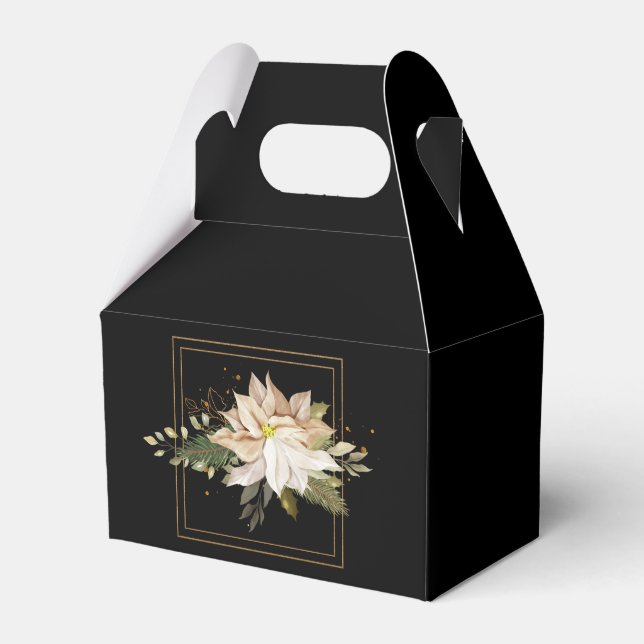 White Poinsettias & Faux Gold Glitter Leaves  Favor Boxes (Front Side)