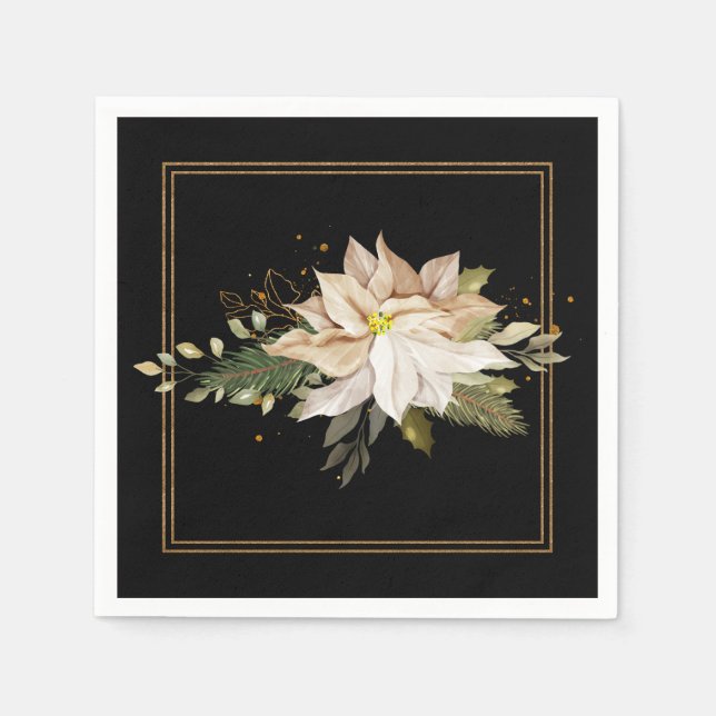 White Poinsettias & Faux Gold Glitter Leaves  Napkins (Front)