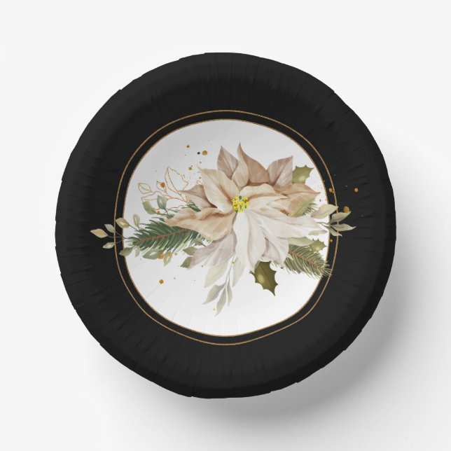 White Poinsettias & Faux Gold Glitter Leaves  Paper Bowls (Front)