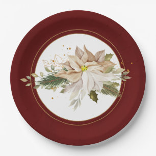 White Poinsettias & Faux Gold Glitter Leaves Paper Plates