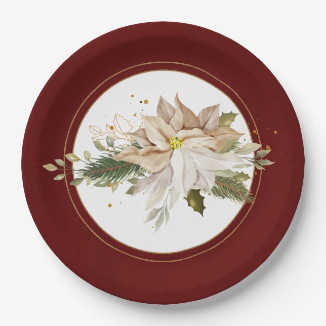 White Poinsettias & Faux Gold Glitter Leaves Paper Plates (Front)