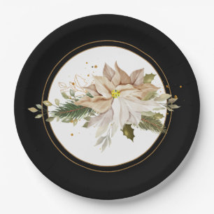 White Poinsettias & Faux Gold Glitter Leaves Paper Plates