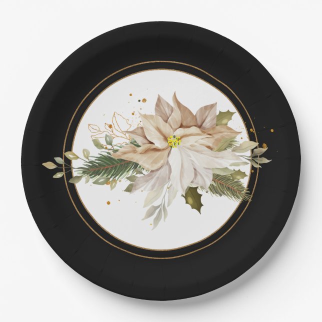 White Poinsettias & Faux Gold Glitter Leaves  Paper Plates (Front)