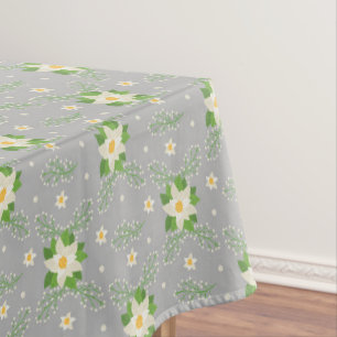 White Poinsettias Green Leaves Christmas on Gray Tablecloth