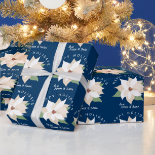 White Poinsettias Happy Holidays Blue Christmas Wrapping Paper