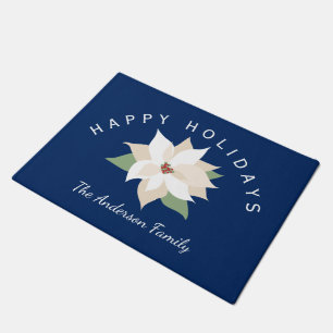 White Poinsettias, Happy Holidays, Personalized Doormat