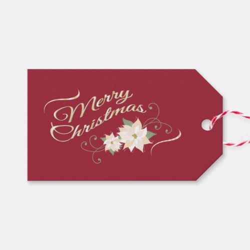 White Poinsettias on Dark Red Merry Christmas Gift Tags