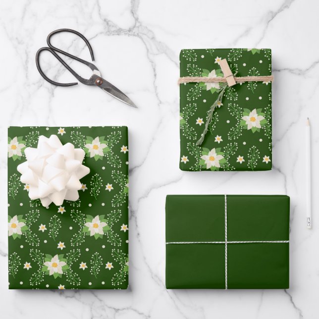 White Poinsettias on Green Background  Wrapping Paper Sheets (Front)