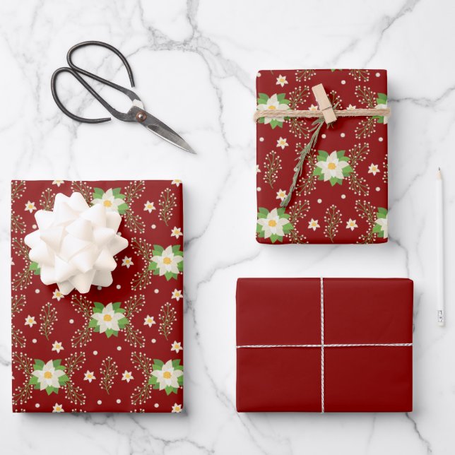 White Poinsettias on Red Background   Wrapping Paper Sheets (Front)