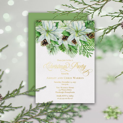 White Poinsettias  Pinecones Pine Christmas Party Foil Invitation