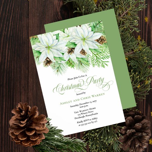 White Poinsettias  Pinecones Pine Christmas Party Invitation