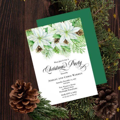 White Poinsettias  Pinecones Pine Christmas Party Invitation