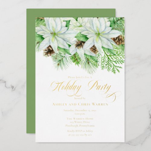 White Poinsettias  Pinecones Pine Holiday Party F Foil Invitation