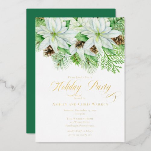 White Poinsettias  Pinecones Pine Holiday Party Foil Invitation