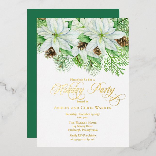 White Poinsettias | Pinecones Pine Holiday Party Foil Invitation (Front/Back)