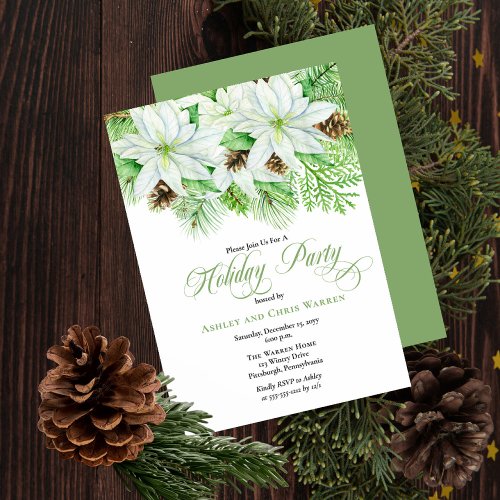 White Poinsettias  Pinecones Pine Holiday Party Invitation
