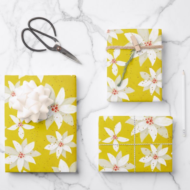 White Poinsettias Red Accents Bright Golden Yellow Wrapping Paper Sheets (Front)