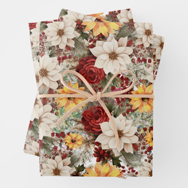 White Poinsettias & Sunflowers Christmas Wrapping Paper Sheets (In situ)
