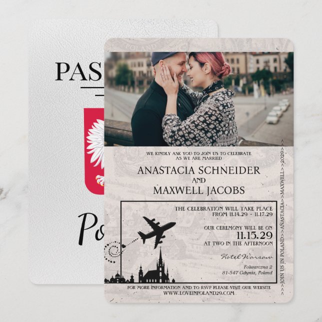 White Poland Passport Wedding Invitation (Front/Back)