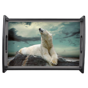 White Polar Bear Hunter on rock Serving Tray