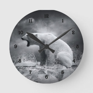 White Polar Bear Hunter on the Ice in water Round Clock